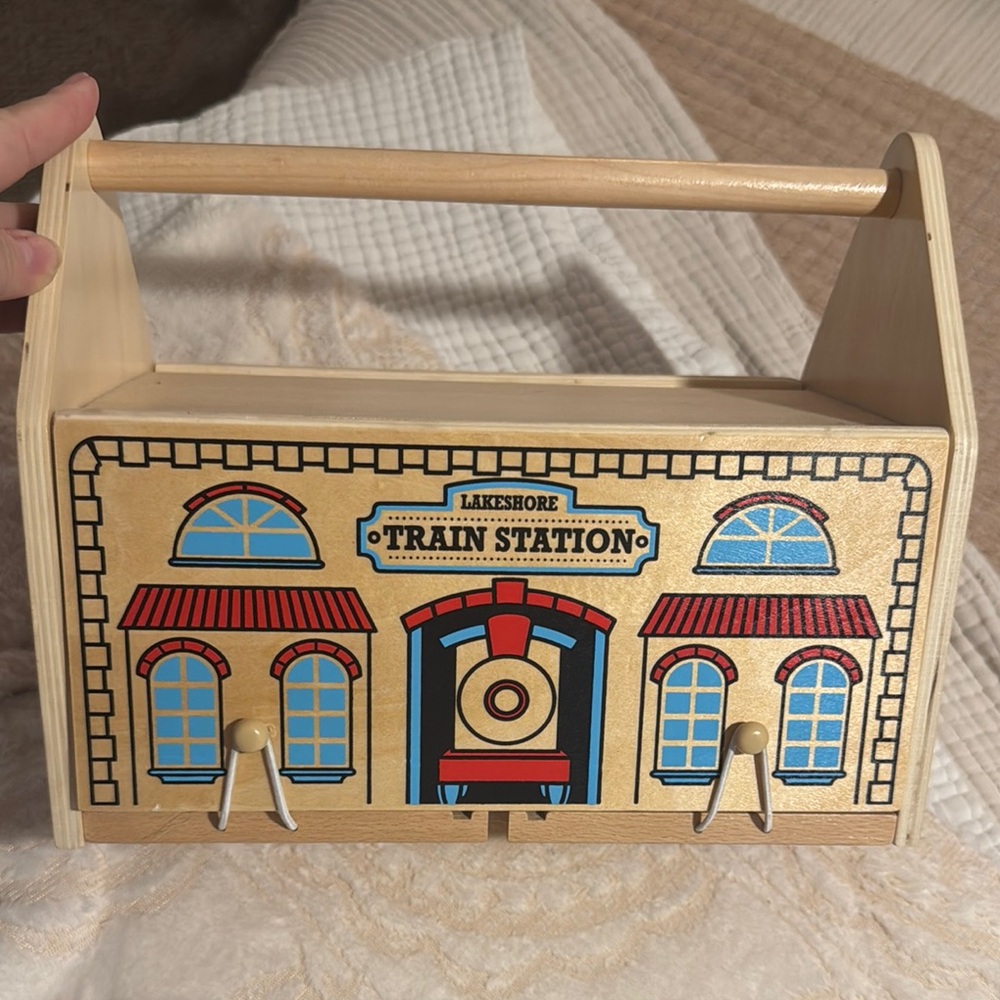Lakeshore Natural Wood Train Station Toy Storage Box - Red & Blue